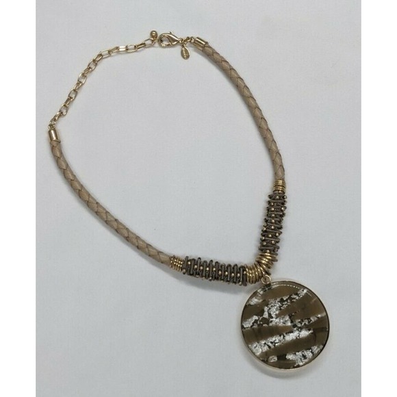 CHICO'S Pendant Necklace Circle Brown Gold Tone Silver Tone Metallic Tan Braided - Picture 2 of 9